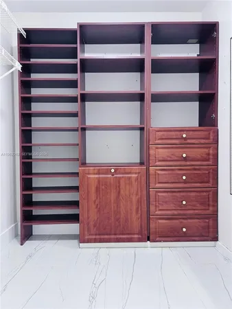 a view of walk in closet and wooden cabinet