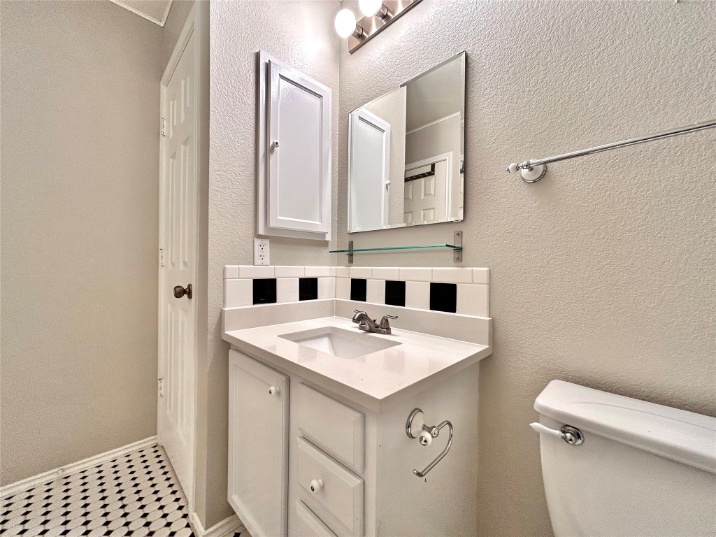 2011 Ashberry Trail Georgetown, TX 78626 - Photo 16 of 24 Bathroom featuring a textured wall, vanity, and backsplash