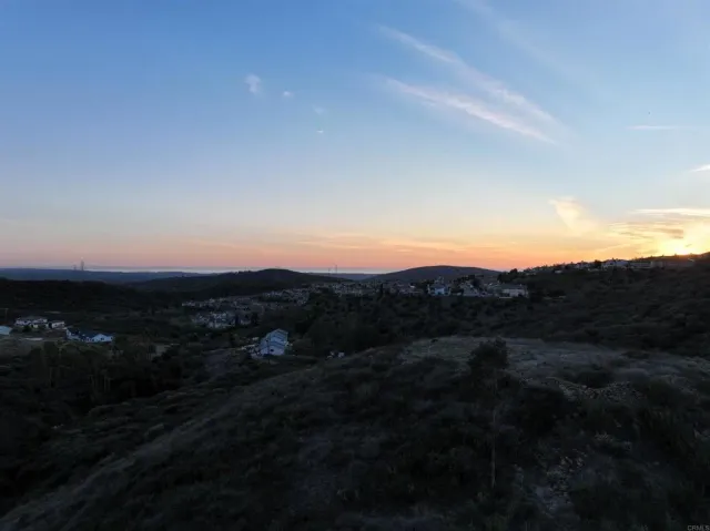 a view of a dry yard with green space