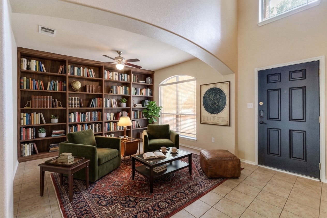 3816 Bandice Lane Pflugerville, TX 78660 - Photo 5 of 33 Sitting room featuring ceiling fan, arched walkways, and light tile patterned floors