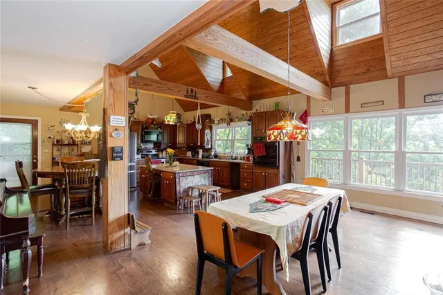 a view of a dining area with furniture and wooden floor