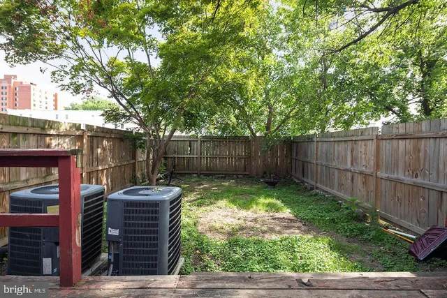 a view of backyard with wooden fence and large trees