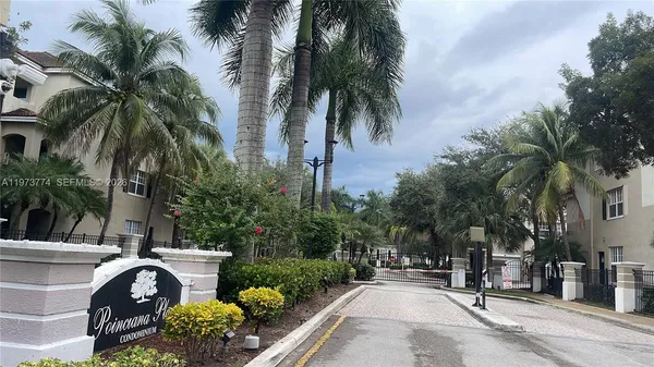 a view of a garden with palm trees