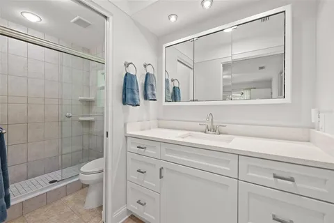 a bathroom with a granite countertop sink a toilet and shower