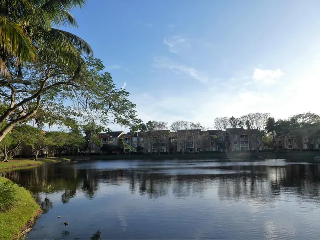 a view of a lake with houses