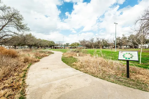 a view of a park with large trees