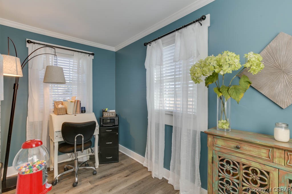 8714 Guinea Road Hayes, VA 23072 - Photo 11 of 44 Office with a wealth of natural light, ornamental molding, and wood-type flooring