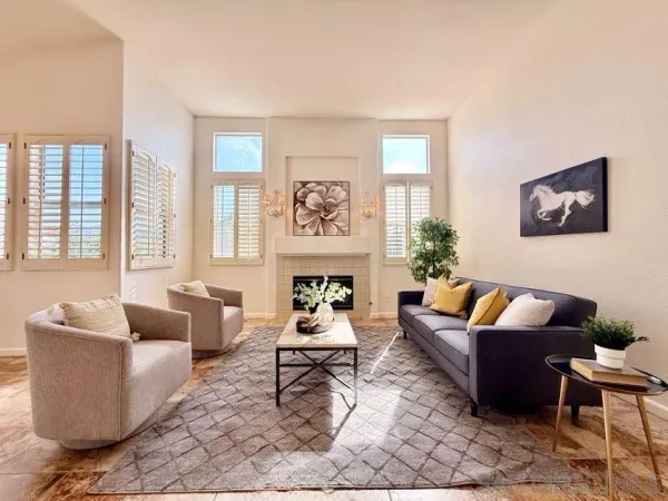 a living room with furniture and a potted plant