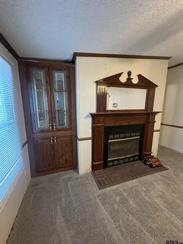 a view of an empty room with furniture and a fireplace