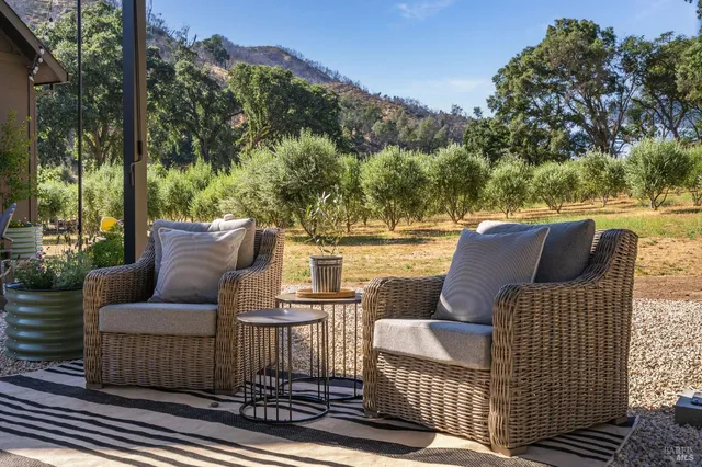 a view of a backyard with sitting area