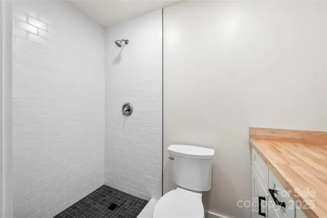 a bathroom with a toilet and a shower
