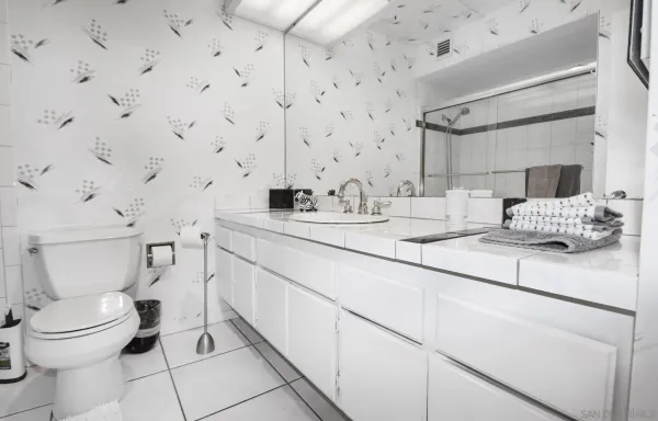 a bathroom with a sink toilet and mirror