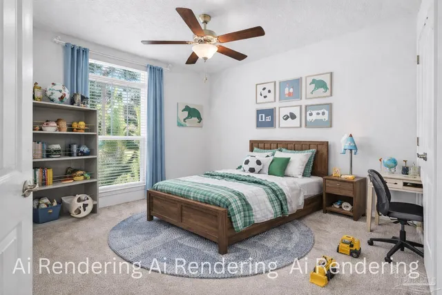 a bedroom with a bed a table and painting on the wall