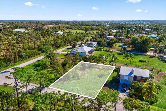 an aerial view of residential houses with outdoor space and trees