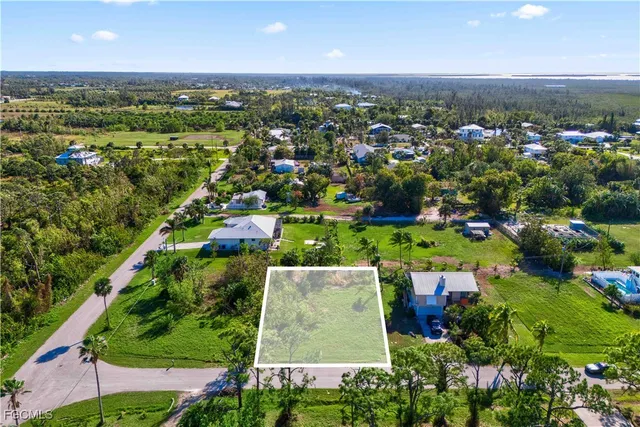 an aerial view of residential houses with outdoor space and trees