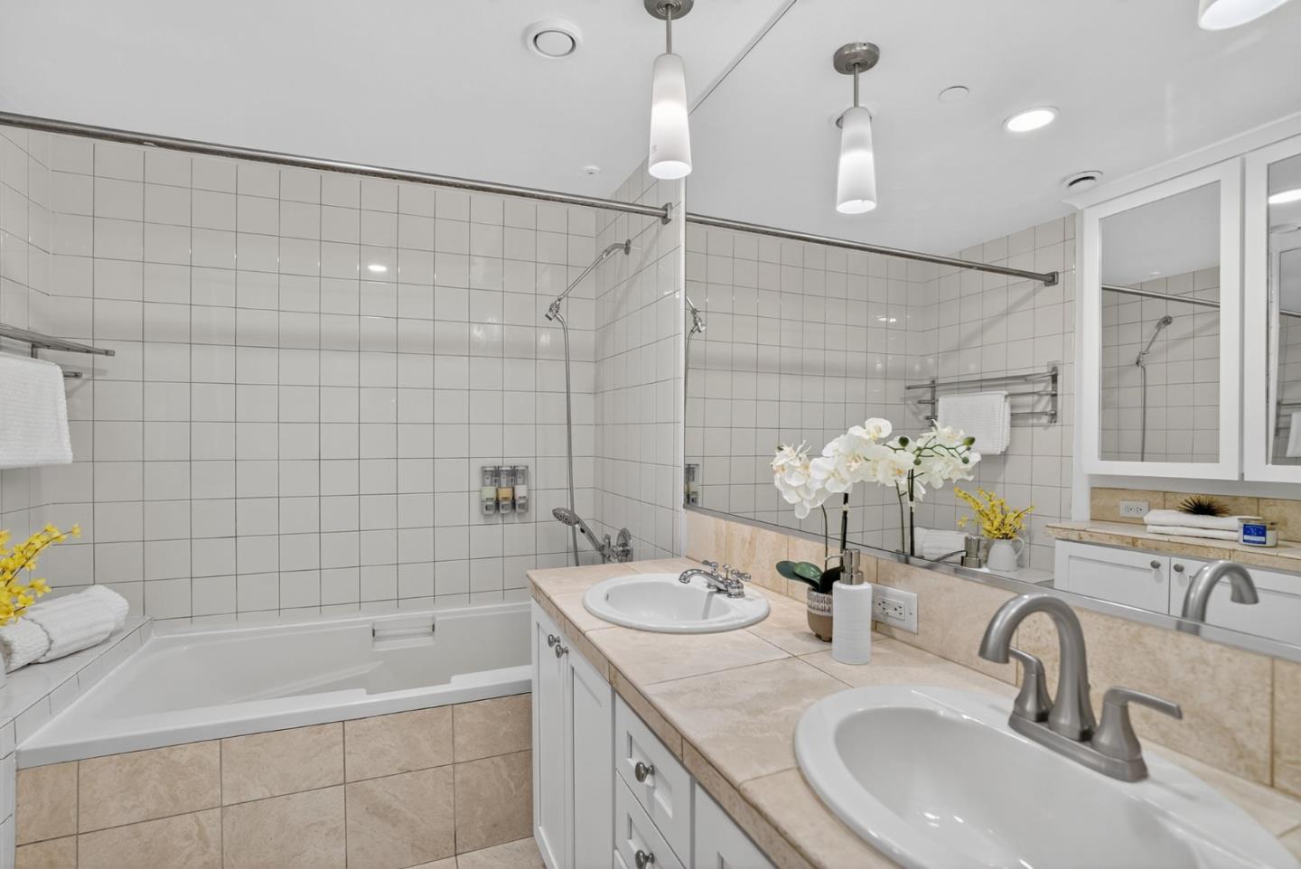 236 Grayson Terrace San Jose, CA 95126 - Photo 12 of 40 a bathroom with a double vanity sink large mirror and bathtub