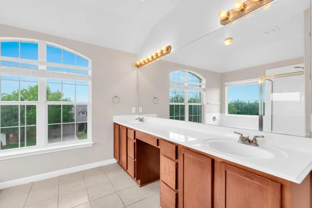 a bathroom with a sink double vanity and a mirror