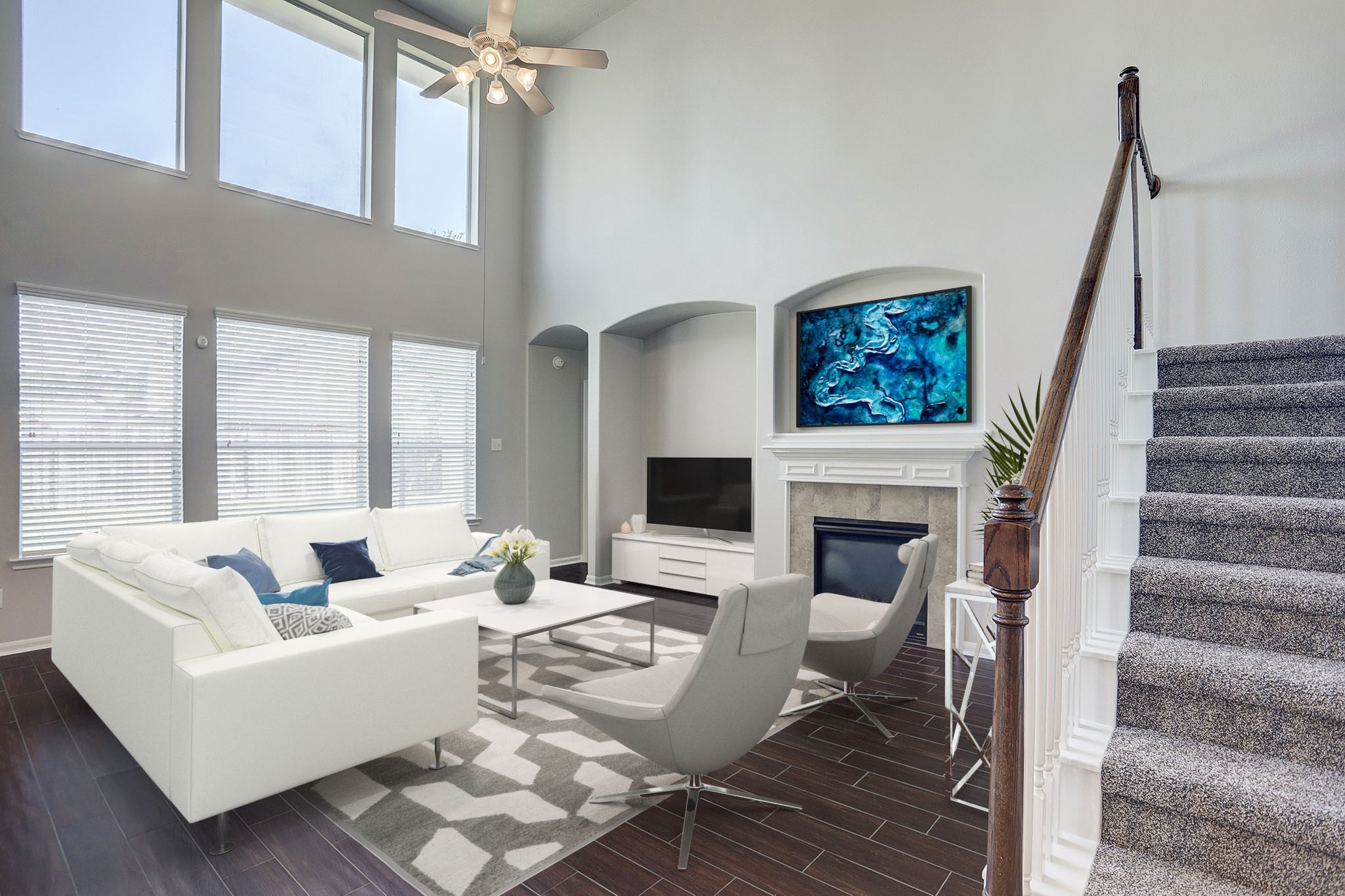 12331 Crescent Mountain Lane Humble, TX 77346 - Photo 2 of 34 a living room with furniture a fireplace and a floor to ceiling window