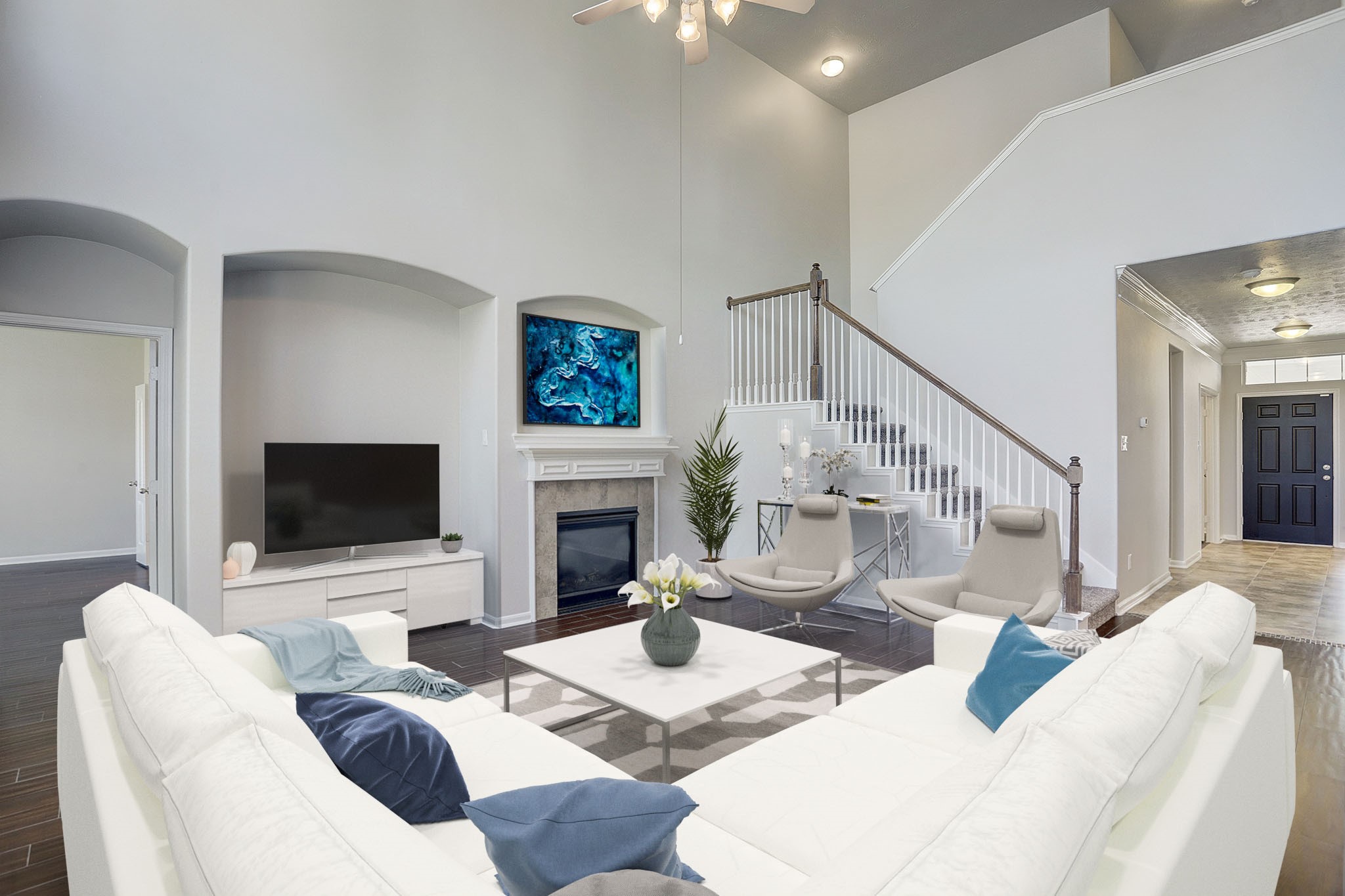 12331 Crescent Mountain Lane Humble, TX 77346 - Photo 3 of 34 a living room with furniture a fireplace and a flat screen tv