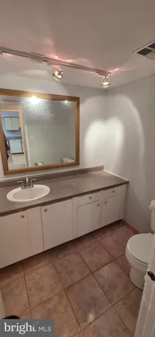 a bathroom with a sink a toilet and a mirror