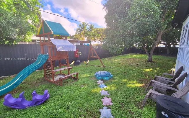 a view of a backyard with table and chairs