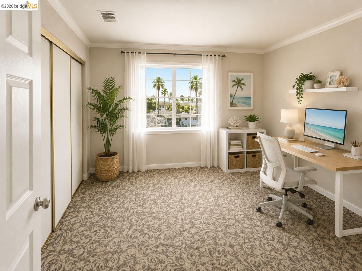3623 Wells Road Oakley, CA 94561 - Photo 21 of 59 Patterned carpet flooring, window with sheer white curtains, white trim, white door, and white bi-fold closet doors