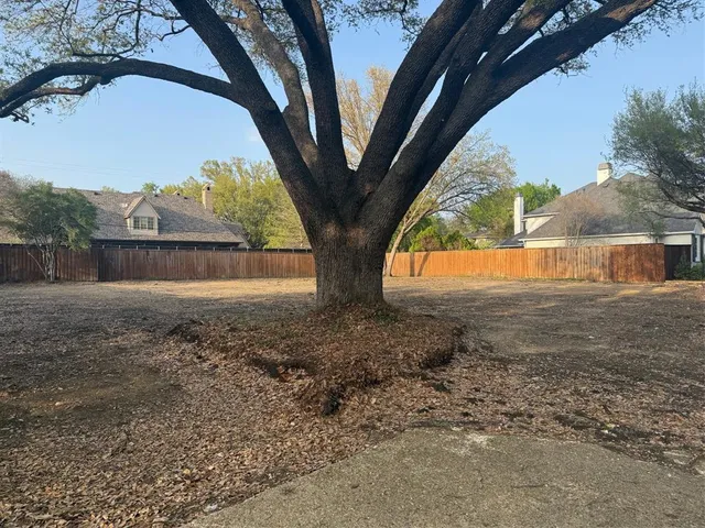 a view of backyard with large tree and wooden fence