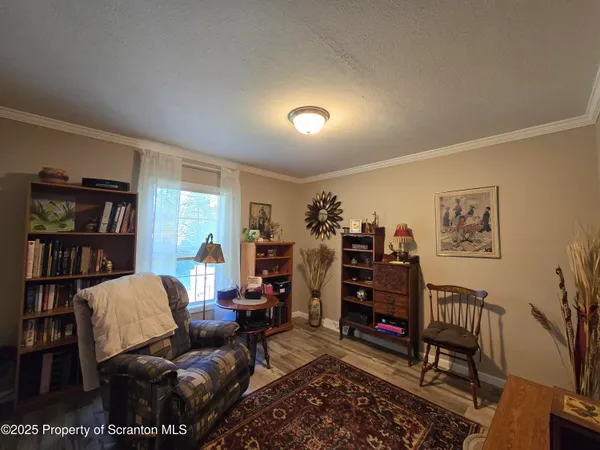 a living room with furniture a rug and a bookshelf