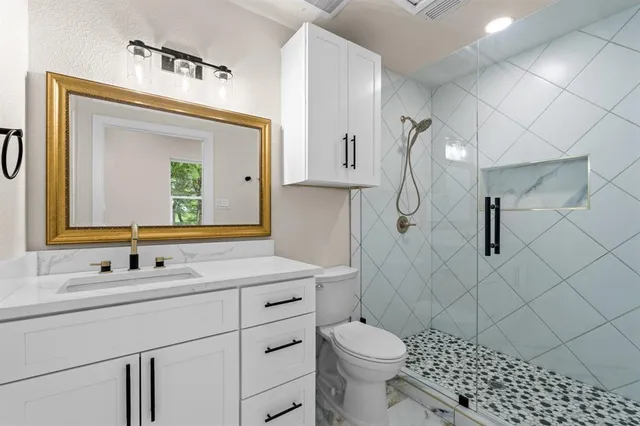 a bathroom with a sink a toilet and a mirror