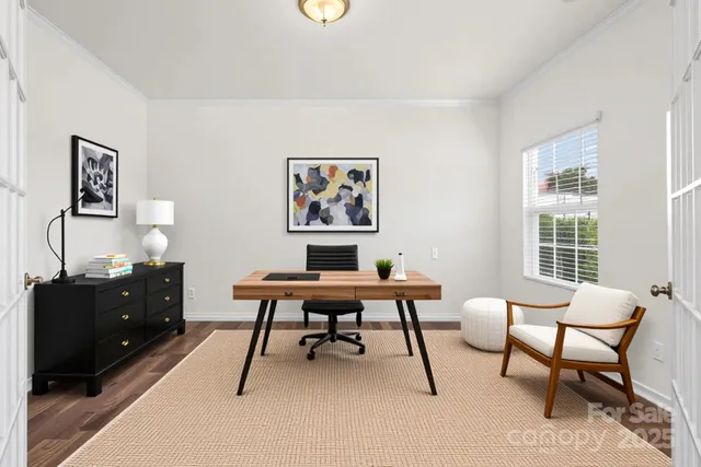 a workspace with furniture and window