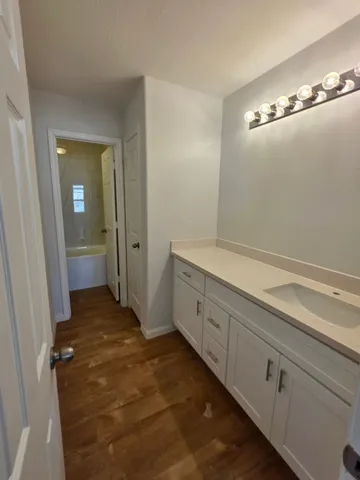 a bathroom with a sink and a mirror