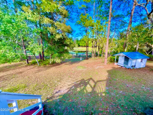 a view of a backyard with large trees