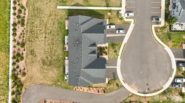 an aerial view of a swimming pool