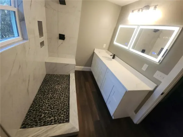 a bathroom with a bathtub