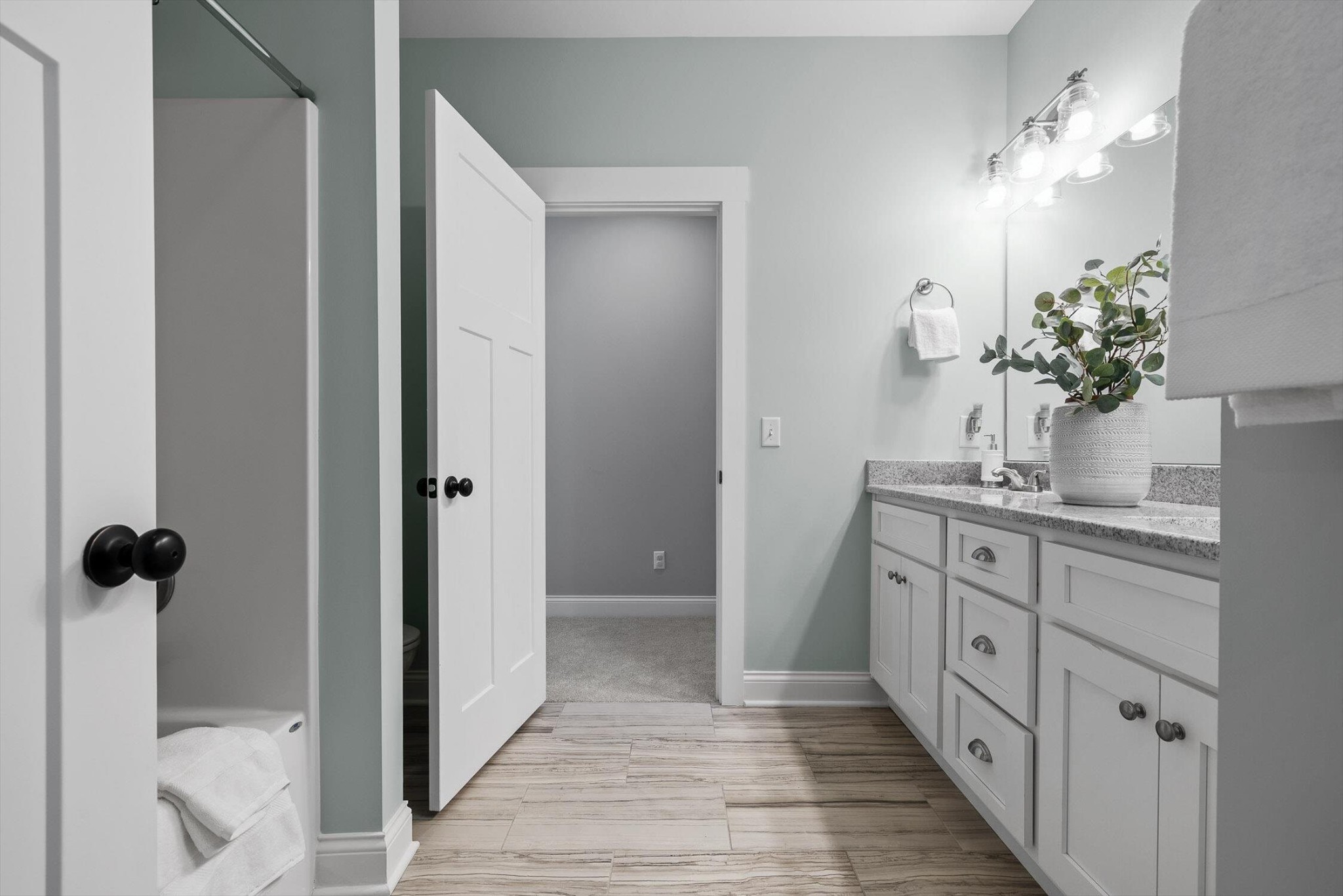 718 Windrush Loop Chattanooga, TN 37421 - Photo 20 of 29 a bathroom with a granite countertop sink a mirror and a shower