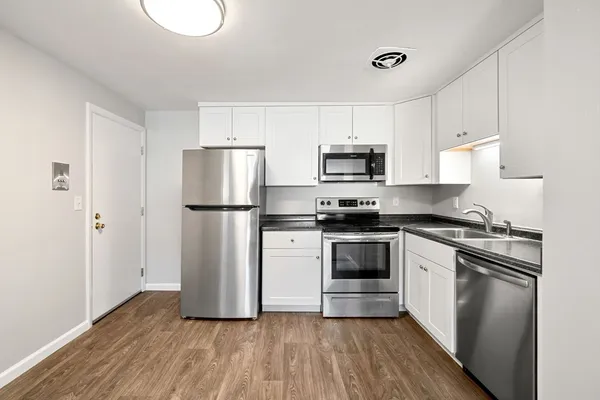 a kitchen with a refrigerator a stove top oven a sink and dishwasher