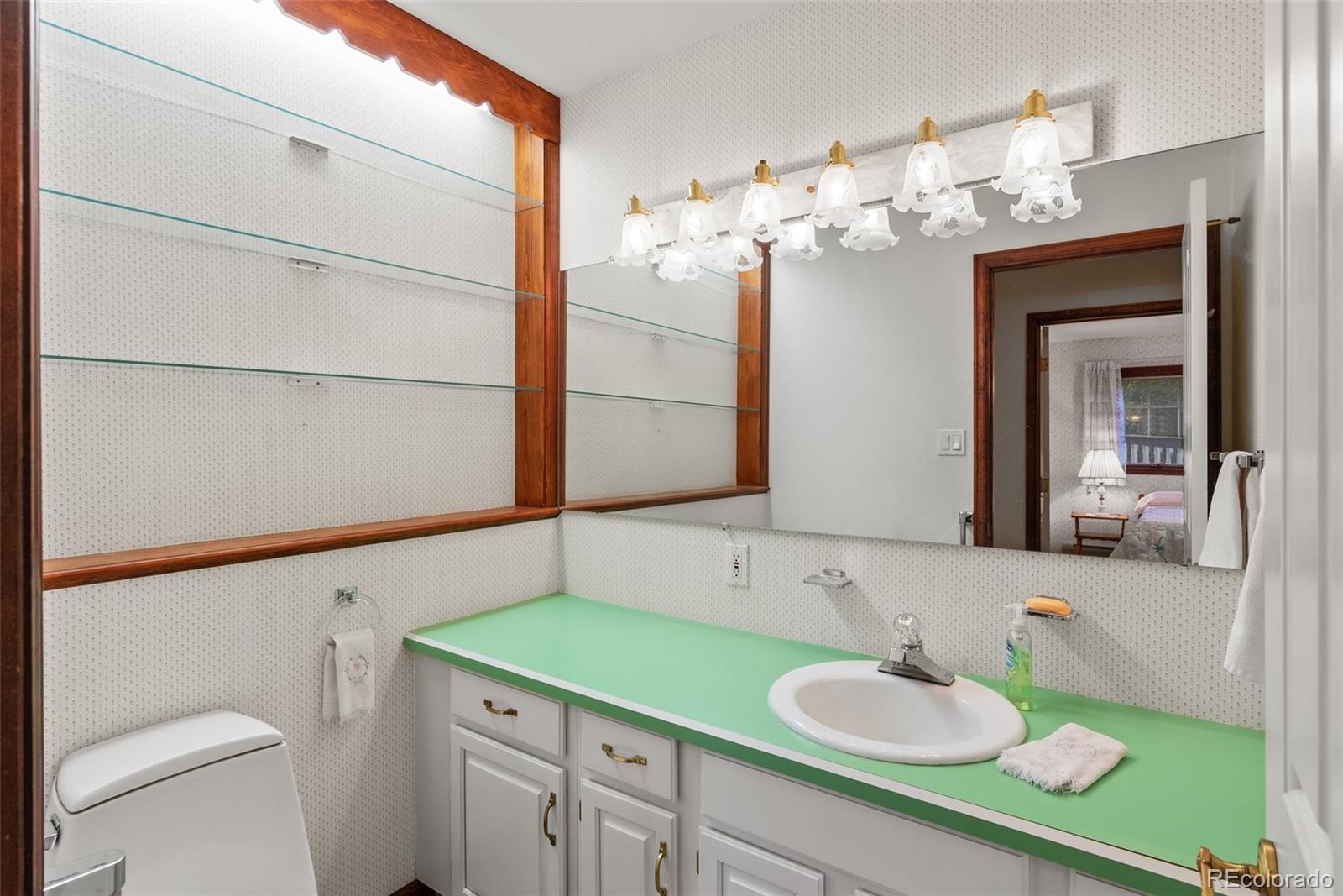 1680 Crow Valley Road Bailey, CO 80421 - Photo 35 of 50 a bathroom with a sink vanity granite and toilet