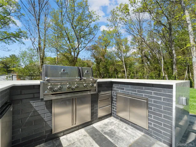 a view of outdoor kitchen outdoor kitchen view and trees
