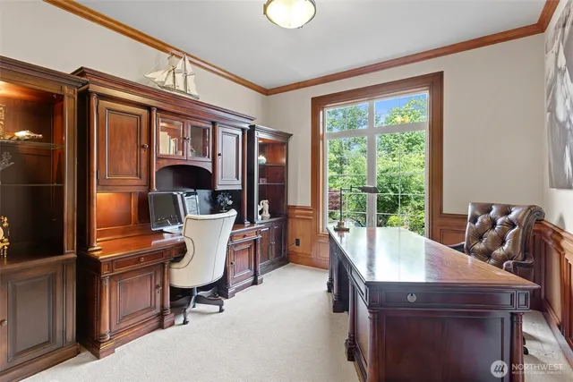 a view of a dining room with furniture window and outside view