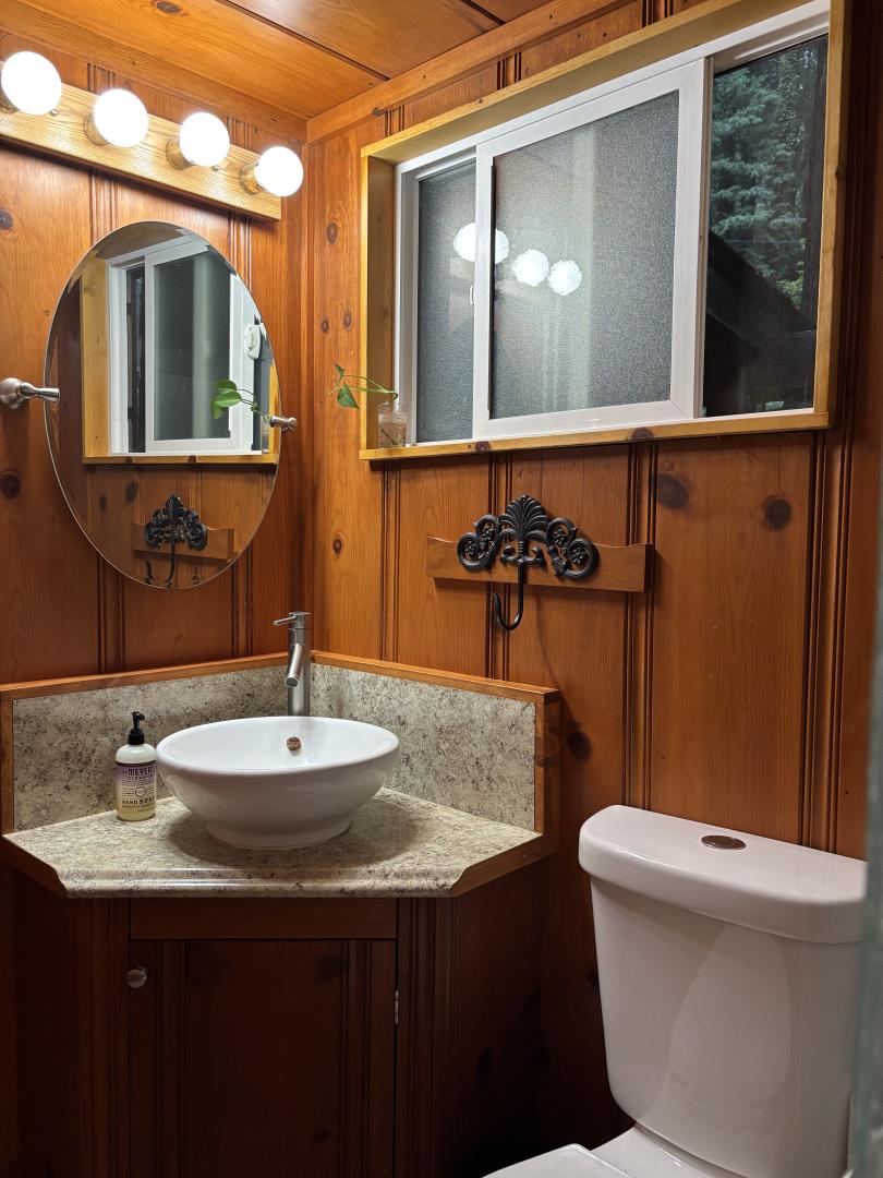 155 McGaffigan Mill Road Boulder Creek, CA 95006 - Photo 11 of 23 a bathroom with a sink a toilet and mirror