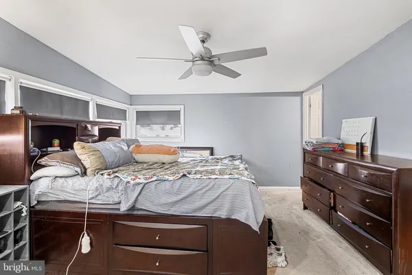 a bed room with a bed and a ceiling fan