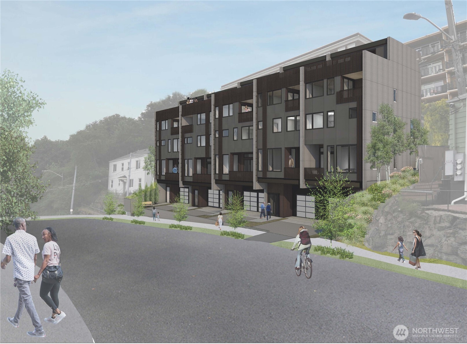 a building exterior with furniture and garden