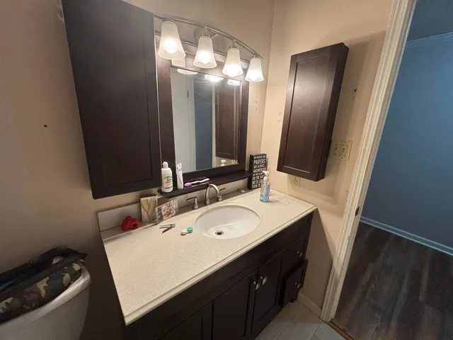 a bathroom with a sink and a mirror