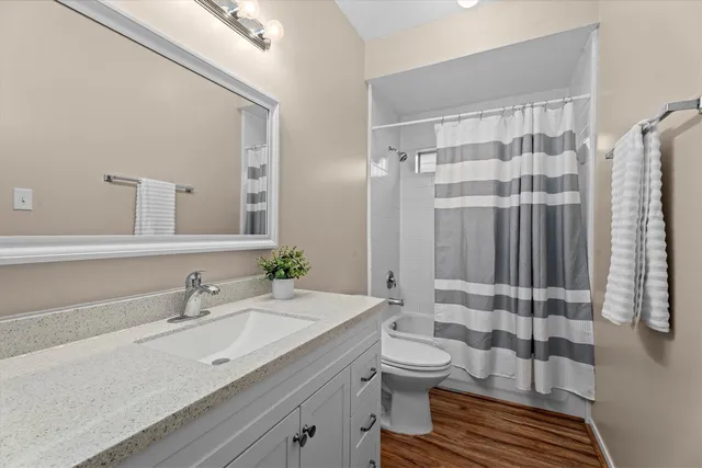 a bathroom with a sink toilet and shower