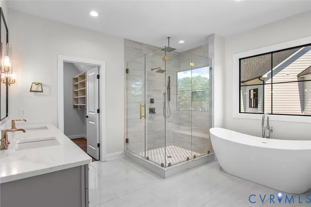 a bathroom with double sink and a mirror