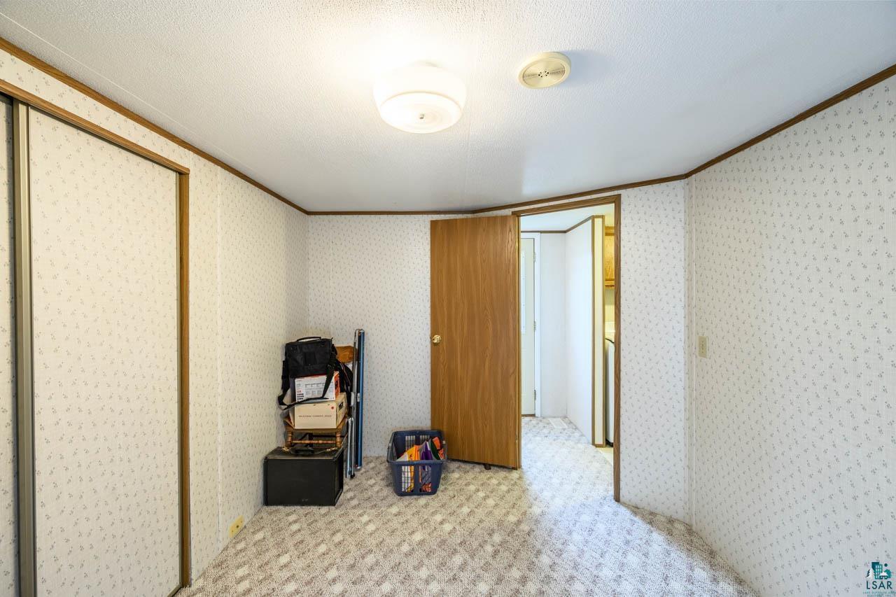 705 4th Street North Biwabik, MN 55708 - Photo 15 of 29 Room featuring patterned carpet flooring, a ceiling-mounted light fixture, and a built-in closet with sliding doors