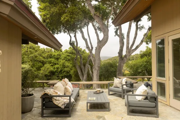 a view of backyard with seating space and trees