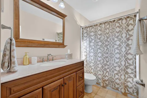 a bathroom with a granite countertop sink a toilet and a mirror