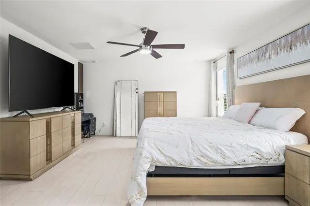 a bedroom with a bed and a flat screen tv