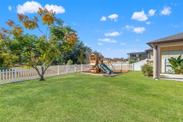 a view of a garden with a slide